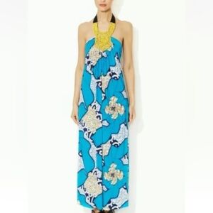 Tbags Los Angeles maxi dress with halter beading blue yellow size small